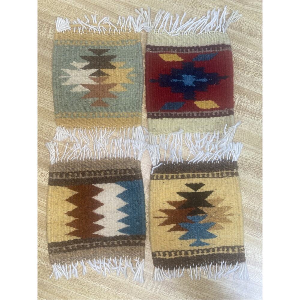 Set Of 4 Vintage NATIVE AMERICAN Handcrafted WOOL Woven COASTERS Southwestern